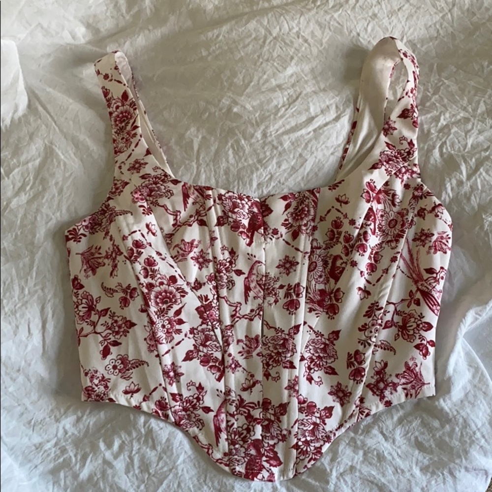 Red floral crepe corset top